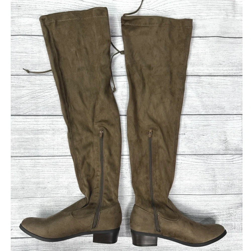 Womens Taupe Faux Suede Over The Knee OTK Boots Low Block Heel Back Tie Sz 8.5